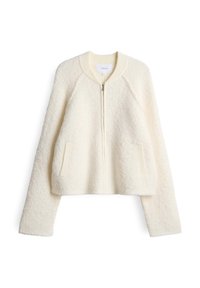 Crème fleece bomberjack met een rits aan de voorkant, geribbelde kraag en zijzakken, met een textuur en een ontspannen pasvorm.