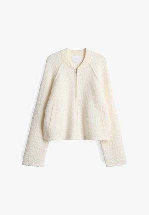 Cremfarbener Fleece-Bomberjacke mit durchgehendem Reißverschluss, geripptem Kragen und Seitentaschen, mit strukturiertem Material und lässigem Schnitt.