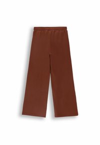Brązowe szerokie spodnie wykonane z miękkiego materiału, z elastycznym pasem i prostym wzorem bez widocznych ozdób.