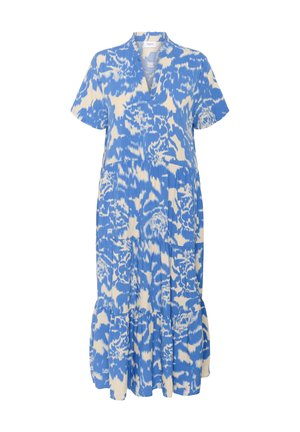 Modrá a smotanová šaty s vzorom, s výstrihom do V, krátkymi rukávmi a vrstveným spodným lemom. Vyrobené z ľahkej látky s jemnou textúrou.