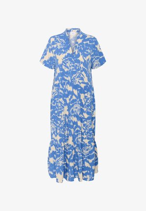 Blue and cream patterned dress with a v-neck, short sleeves, and tiered hem. Made of lightweight fabric with a soft texture.