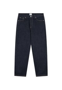 Jeans in denim blu scuro a gamba dritta con cinque tasche, chiusura con bottoni e zip, e cuciture a contrasto ben visibili.