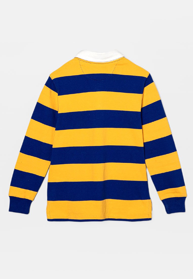 Long-sleeve polo shirt with navy blue and yellow horizontal stripes, white collar, cotton material, and ribbed cuffs.
