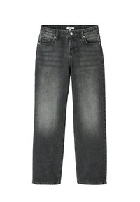 Jean en denim noir avec une coupe droite, présentant un aspect usé, cinq poches et des éléments en métal à la taille.