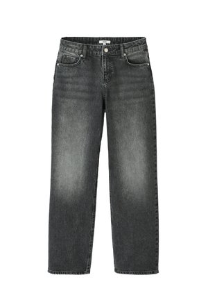 Jean en denim noir avec une coupe droite, présentant un aspect usé, cinq poches et des éléments en métal à la taille.