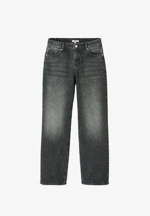 Jean en denim noir avec une coupe droite, présentant un aspect usé, cinq poches et des éléments en métal à la taille.