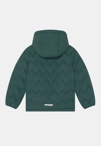 Grüne gepolsterte Jacke mit Kapuze. Verfügt über ein gestepptes Design und elastische Bündchen. Reflektierender Akzent am unteren Rand. Nur Rückansicht.