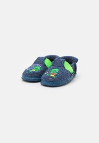 Blue felt slippers featuring green alien embroidery, elastic side panels, and a soft texture. Slip-on design for easy wear.