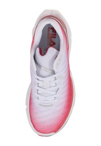Weißer Sportschuh mit einem Farbverlauf in Pink, Obermaterial aus Mesh und strukturiertem Design. Verfügt über traditionelle Schnürsenkel und eine markierte Einlegesohle.