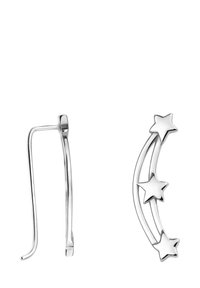 Silberfarbene Ohrringe mit einem Halbmond-Design, verziert mit drei Sternakzenten und einem gebogenen Haken für sicheren Halt.