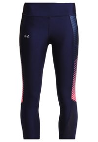 Námořnické sportovní legíny s vysokým pasem, které mají pop pink diagonální pruhy po stranách a síťované panely pro prodyšnost.