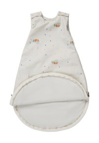 Ärmelloser Baby-Schlafsack aus weichem, cremfarbene Stoff mit buntem Konfetti und illustrierten Fuchs-Mustern. Mit einem Reißverschluss versehen.