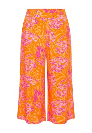 Pantalon large court avec taille élastique, base orange avec imprimé feuilles tropicales rose vif.
