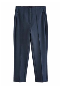 Donkerblauwe op maat gemaakte broek met een gladde textuur, voorzien van plooien, twee zijzakken en een recht pijpdesign.