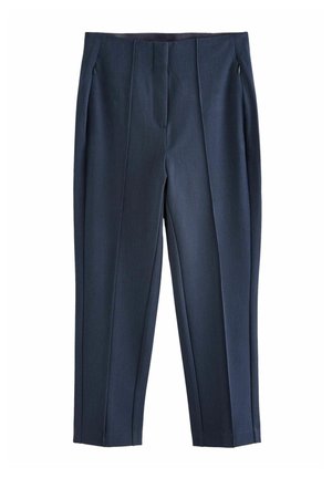 Donkerblauwe op maat gemaakte broek met een gladde textuur, voorzien van plooien, twee zijzakken en een recht pijpdesign.