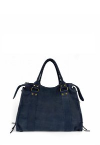 Sac à main en cuir bleu marine avec deux poignées courtes, accents de boucle en laiton et détails de fermeture éclair sur le côté, sur fond blanc.