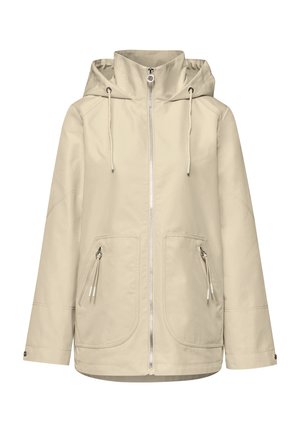 Beige hupparitakki, jossa on etuvetoketju, säädettävät kiristysnauhat, kaksi vetoketjullista etutaskua ja nepparit hihansuissa.