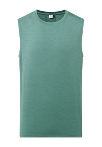Sleeveless, light green tank top with a smooth texture, round neckline, and subtle ribbed pattern. Casual fit with clean edges.