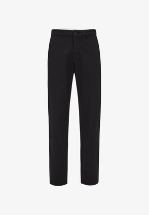 Zwarte broek met rechte pijpen, riemlussen, knoopsluiting en voorzakken, weergegeven tegen een witte achtergrond.