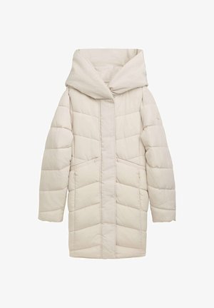 Nafoukaný béžový kabát s velkou kapucí, šikmým prošívaným vzorem, dvěma předními kapsami a středovým zipem. Hladký povrch.