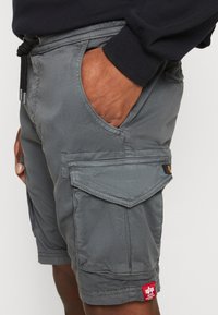 Shorts cargo gris fabriqués en tissu résistant, dotés de plusieurs poches, d'une taille avec cordon de serrage et d'une petite étiquette de marque rouge sur le côté.