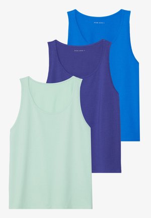 Three tanks in mint green, deep purple, and bright blue. Each has a scoop neckline, sleeveless design, and a smooth, lightweight fabric.