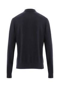 Marineblauer Langarmpullover mit Polokragen, aus weichem Strickstoff gefertigt. Verfügt über einen geraden Saum und enganliegende Ärmel, ohne sichtbare Muster oder Akzente.