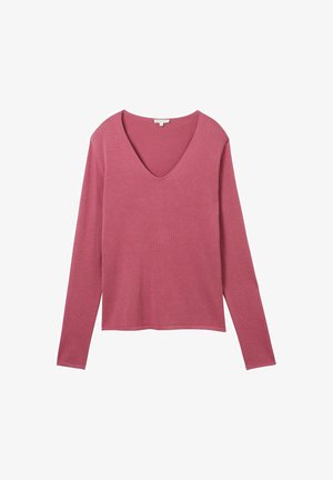Hosszú ujjú felső puha rózsaszín anyagból, V-nyakkivágással. Lazán illeszkedik és sima textúrájú, alkalmas rétegezéshez vagy önálló viseléshez.