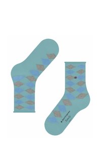 Calzini turchesi con un motivo a diamante in blu chiaro e grigio, uno che mostra il risvolto e l'altro un design a forma di piede.