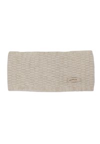 Fascia lavorata a maglia di colore crema con un motivo testurizzato, dotata di un'etichetta cucita. Tessuto morbido con un aspetto accogliente, forma rettangolare.