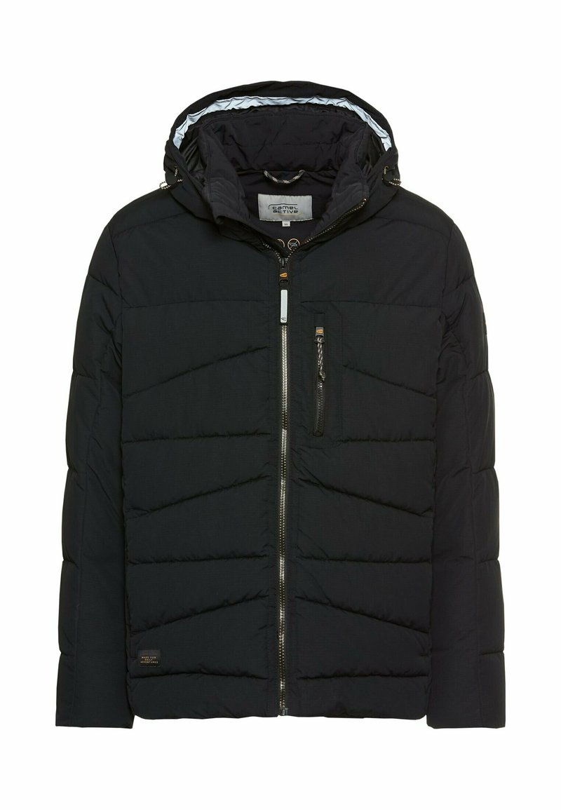 Schwarze Pufferjacke mit Kapuze, ausgestattet mit einem Reißverschluss, Fronttasche und diagonalen Nähmustern. Glattes Außenmaterial.