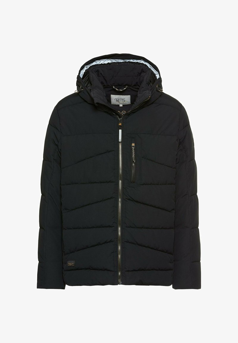 Schwarze Pufferjacke mit Kapuze, ausgestattet mit einem Reißverschluss, Fronttasche und diagonalen Nähmustern. Glattes Außenmaterial.