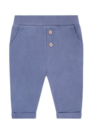 Weiche blaue Kleinkinderhosen mit geripptem Bund, zwei Vordertaschen, zwei Holzknöpfen und aufgerollten Bündchen.