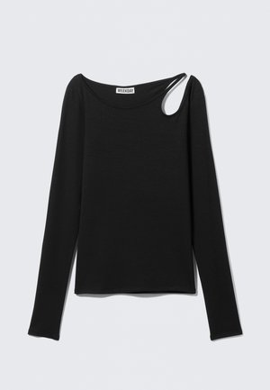Black long-sleeve top made of soft fabric with a round neckline and an asymmetrical shoulder cutout design. Simple and fitted silhouette.