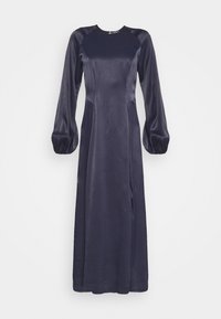 Granatowa sukienka satynowa z długimi rękawami, bufiastymi rękawami, dopasowaną talią i okrągłym dekoltem, sięgająca do kostek.