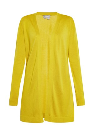 Keltainen neuletakki, avonainen etuosa, pitkät hihat, pehmeästä neuloksesta valmistettu. Varustettu ribbireunuksilla hihoissa ja helmoissa, kevyt ja väljä istuvuus.