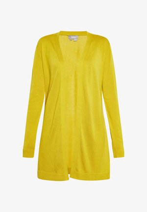 Żółty kardigan, otwarty przód, długie rękawy, wykonany z miękkiej dzianiny. Posiada ribbowe mankiety i dół, lekki i luźny fason.