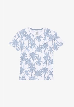 T-shirt en coton blanc avec un motif de palmiers bleus, à manches courtes et col rond. Logo de la marque imprimé sur la poitrine.