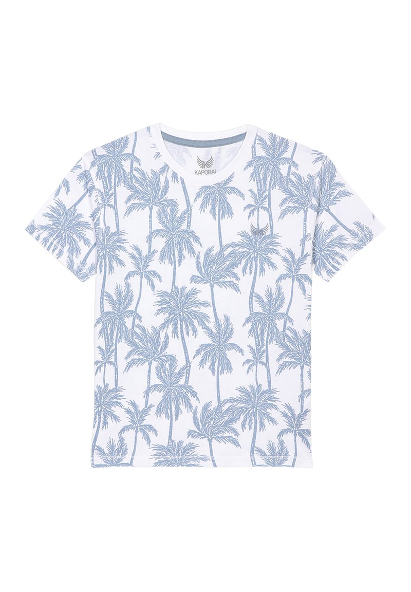 T-shirt en coton blanc avec un motif de palmiers bleus, à manches courtes et col rond. Logo de la marque imprimé sur la poitrine.