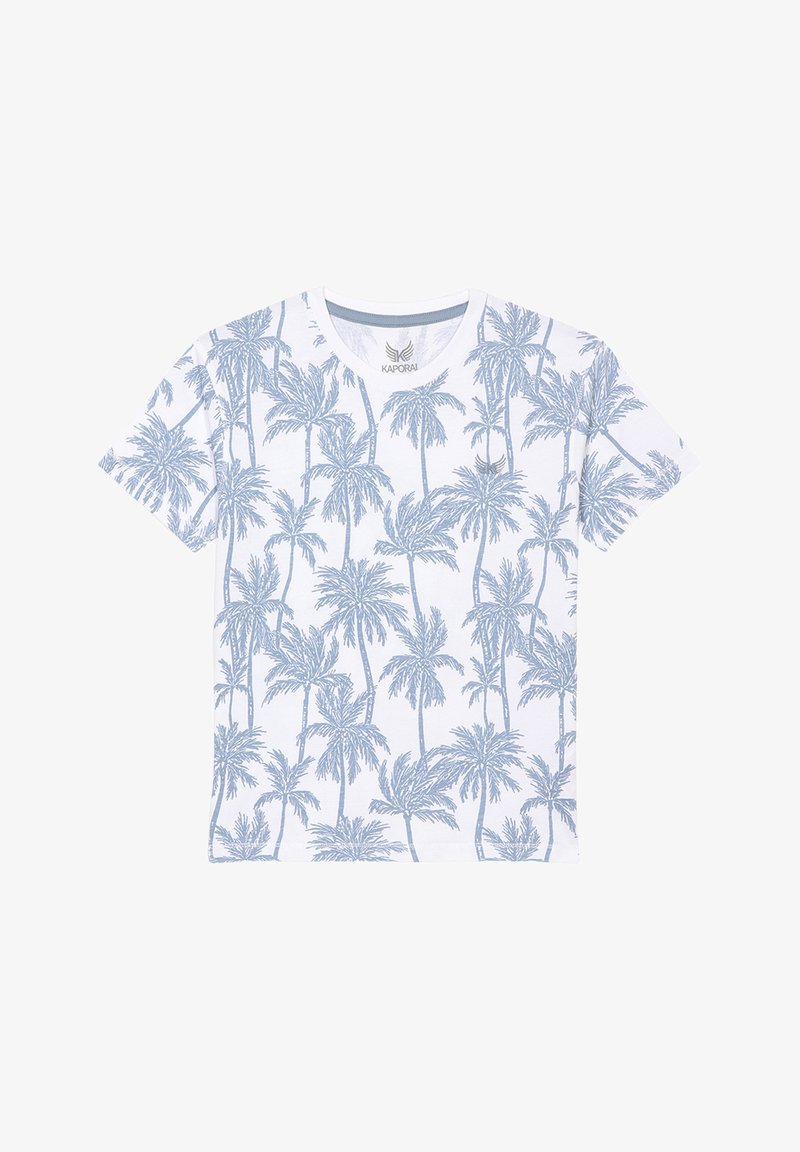 T-shirt en coton blanc avec un motif de palmiers bleus, à manches courtes et col rond. Logo de la marque imprimé sur la poitrine.