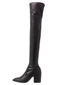Zwarte knielange laars met een gladde leren afwerking, spitse neus en chunky blokhak. Heeft een aansluitende silhouet en een strakke design.