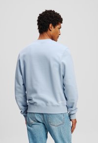 Lichtblauwe sweatshirt met lange mouwen, ribgebreide boorden en onderkant, een gladde stoftextuur en een discete logo op de onderrug.