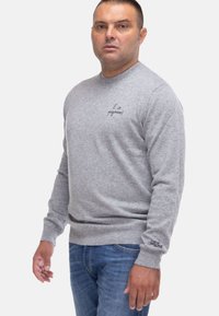Maglione grigio chiaro con scollatura a girocollo e polsini a costine. Presenta testo ricamato sul petto e un logo sulla manica sinistra.