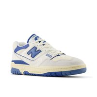 White and blue sneaker with a suede and mesh upper, featuring a prominent "N" logo, textured accents, and a two-tone rubber sole.