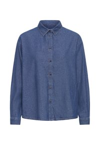 Chemise en denim bleu foncé, avec un col classique, une fermeture boutonnée intégrale, des manches longues, et une coupe décontractée à texture unie.