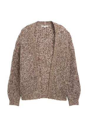 Gebreide cardigan in een gemêleerd bruin patroon. Beschikt over een losse pasvorm, open voorkant en mouwen van gemiddelde lengte met een gestructureerde stof.