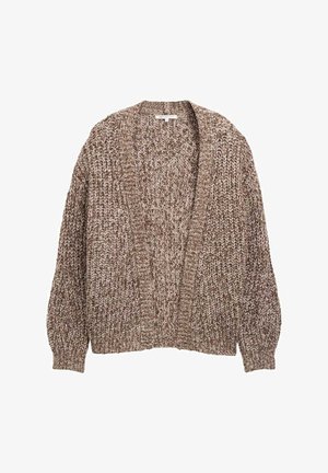 Gestrickte Strickjacke in einem melierten Braunmuster. Verfügt über eine lockere Passform, offenen Front und mittellange Ärmel aus strukturiertem Stoff.