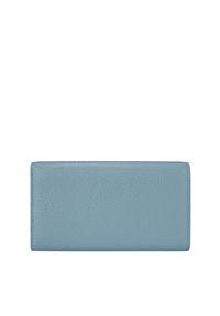 Portafoglio in pelle azzurro chiaro, texture liscia, forma rettangolare, design minimalista, con bordi cuciti, senza hardware o decorazioni visibili.