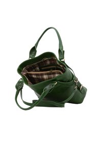 Borsa a tracolla verde in pelle con apertura superiore, foderata con un tessuto a quadri, dotata di diverse tasche e spallacci regolabili. Texture liscia, forma strutturata.