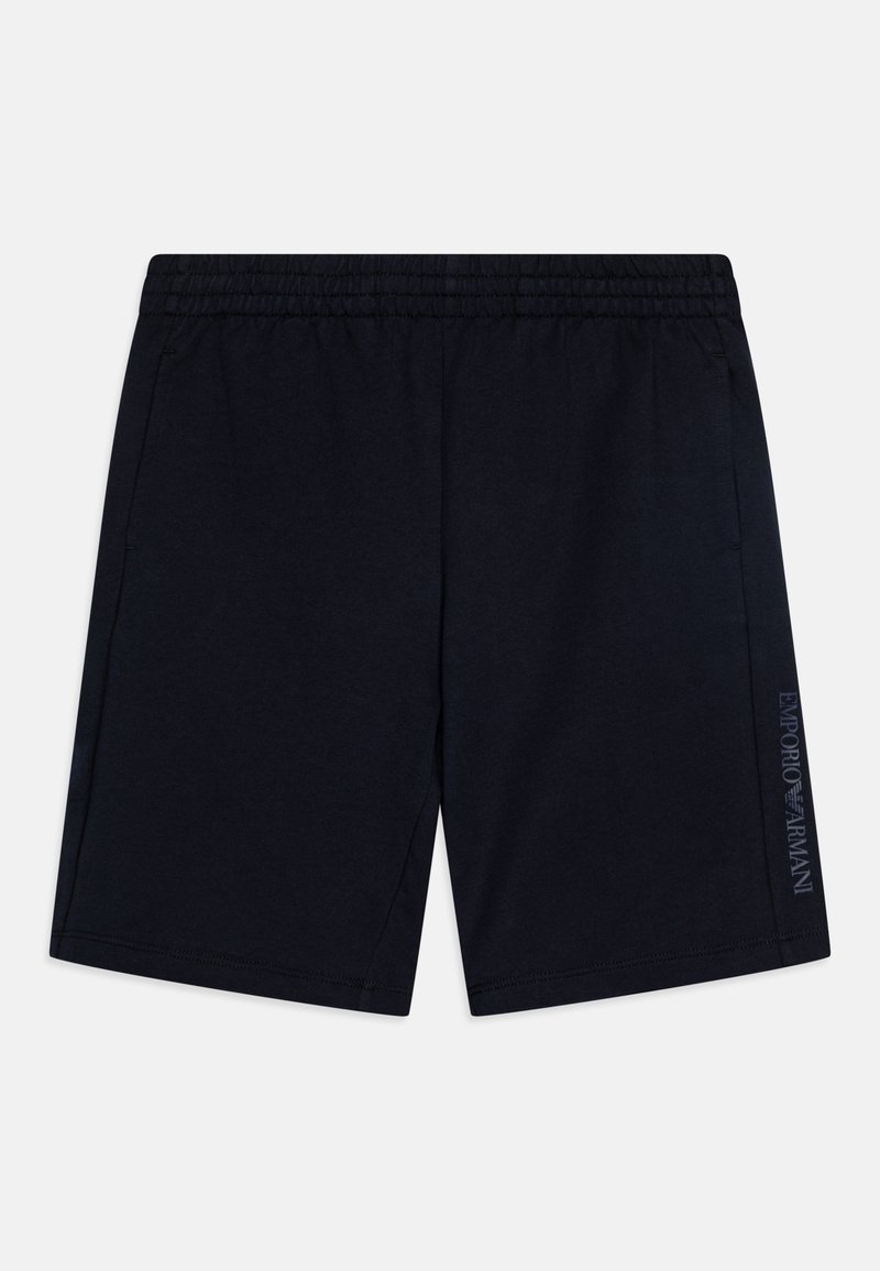 Navy blue athletic shorts with an elastic waistband, side pockets, and a logo printed on the left leg. Soft, lightweight fabric.